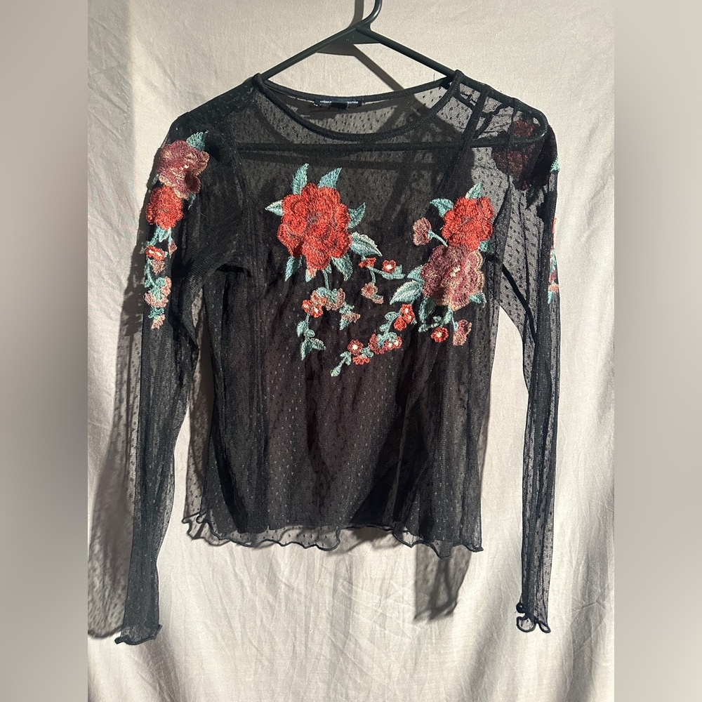 American Eagle Black Sheer Mesh Floral Embroidered Long Sleeve Top Small